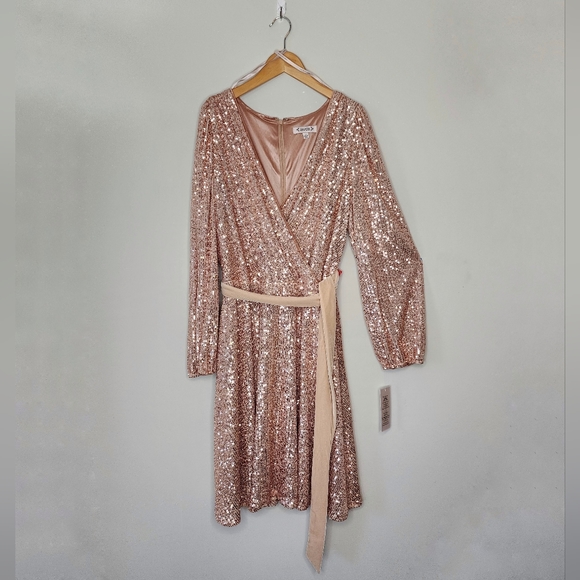 NWT Nanette Lepore sequin belted faux wrap long sleeve dress